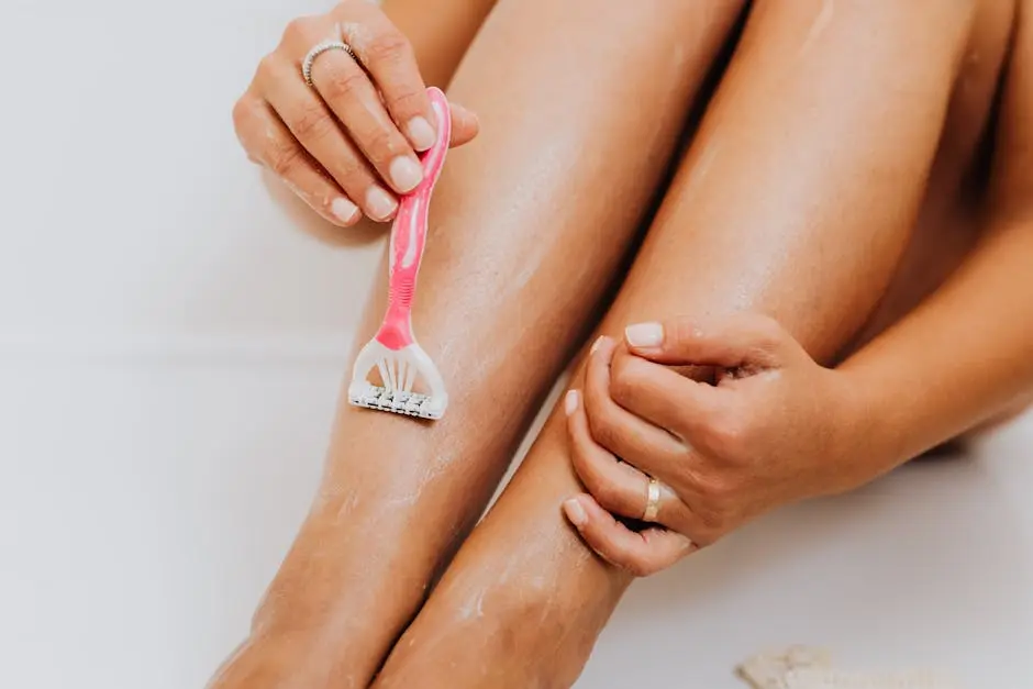 Detailed view of a woman’s legs being shaved with pink razor and cream