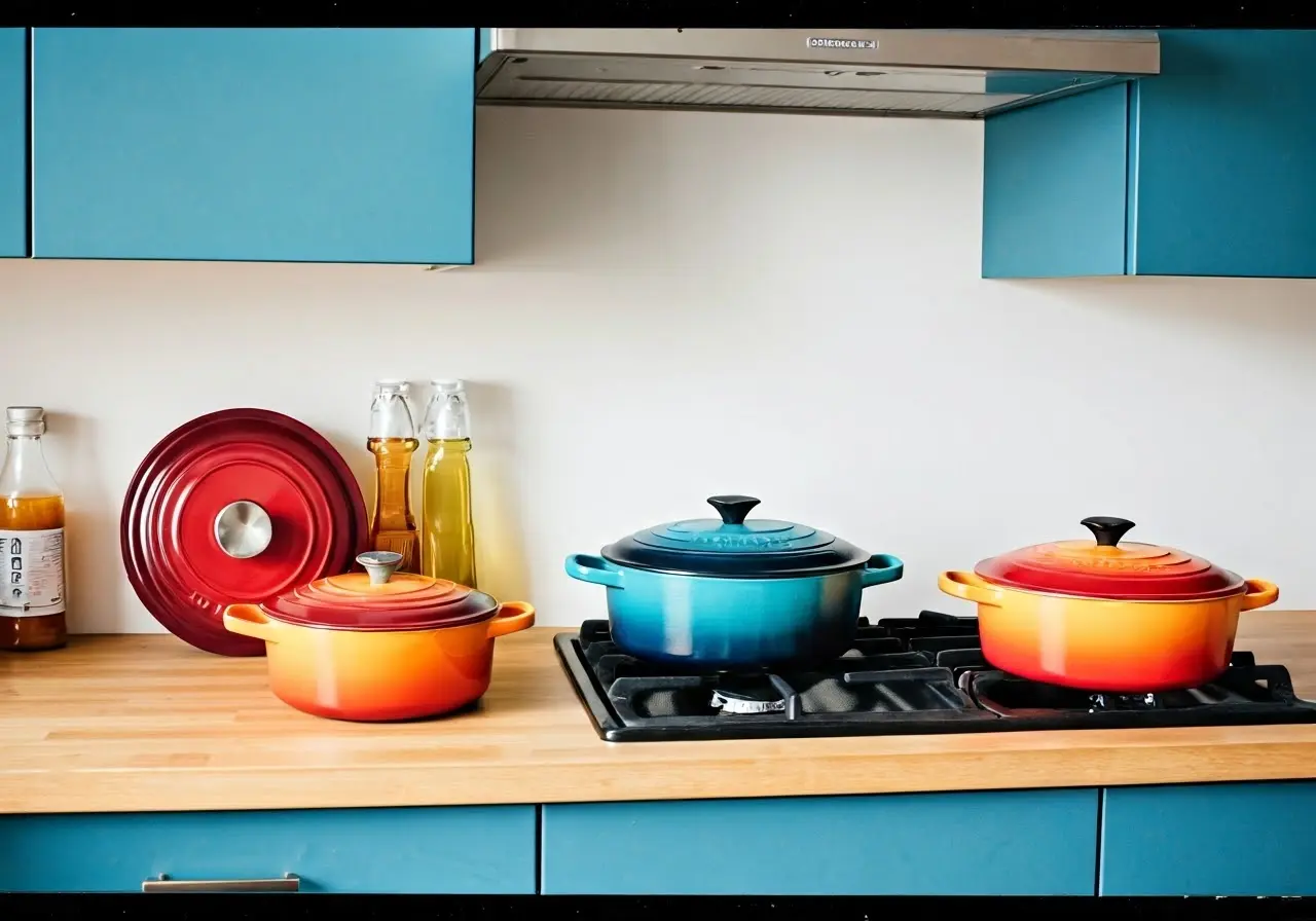 A vibrant kitchen with colorful Le Creuset cookware on display. 35mm stock photo