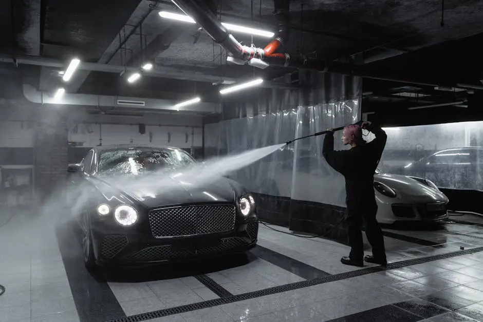 A Woman in Black Sweater Washing the Black Car Using Pressure Washer Hose