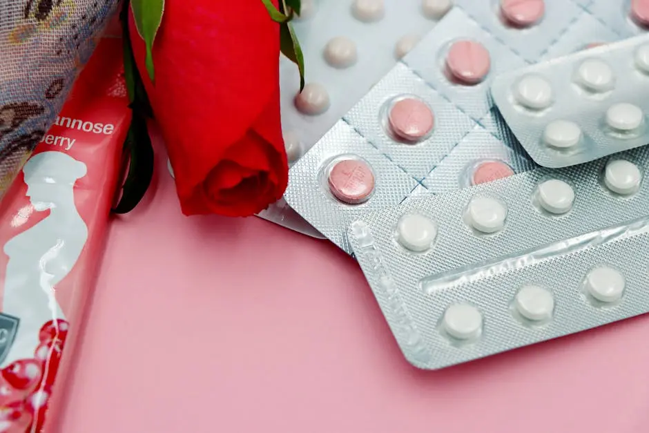 Pills and red rose on pink background, symbolizing healthcare and romance.