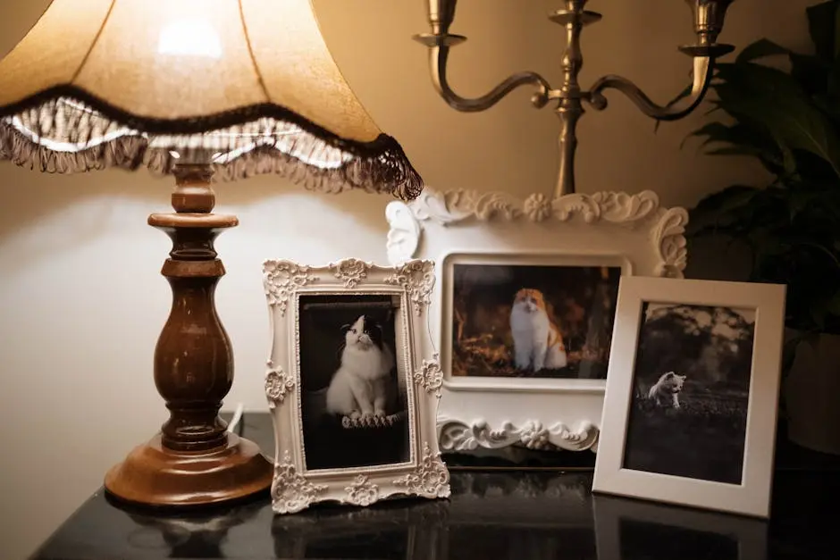 Charming room with vintage lamp, cat photos, and ornate frames.