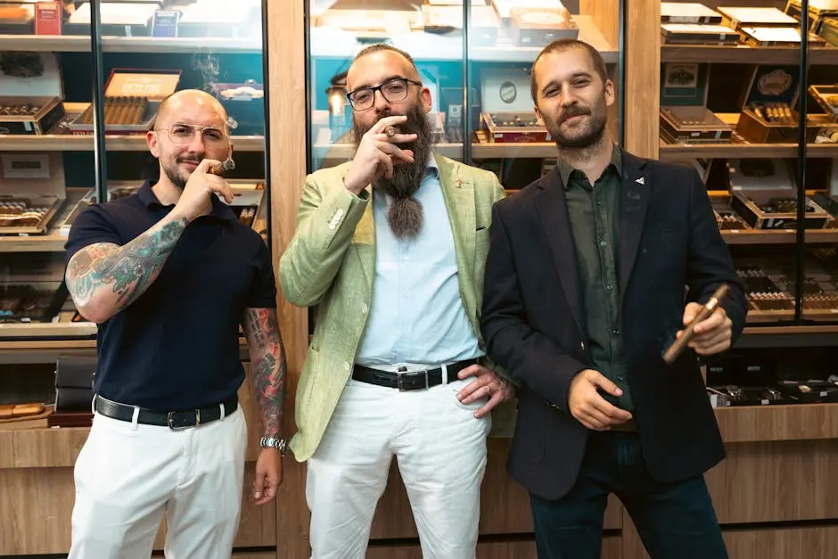 Portrait of Three Stylish Men Posing in a Cigar Store