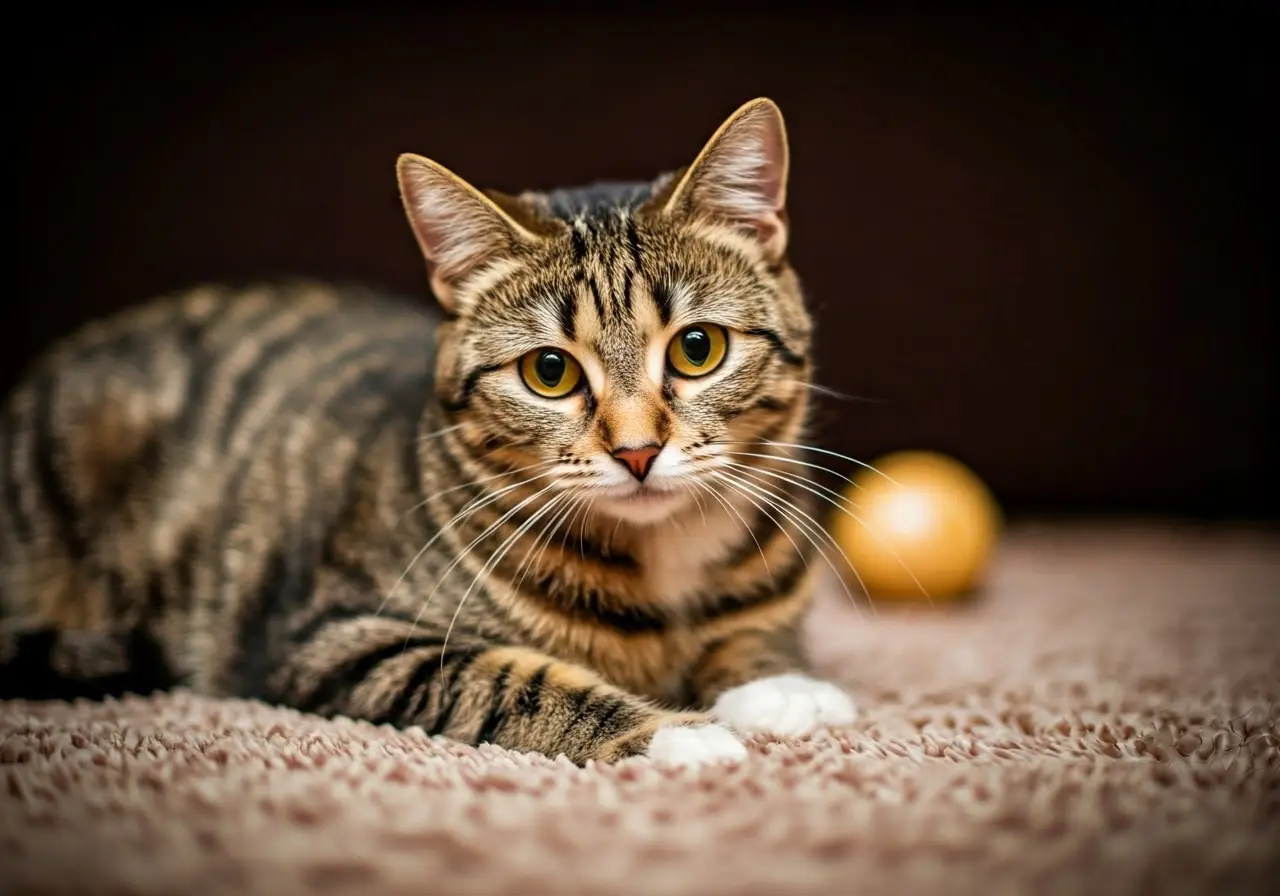 A cat with toys and a cozy pet setup. 35mm stock photo