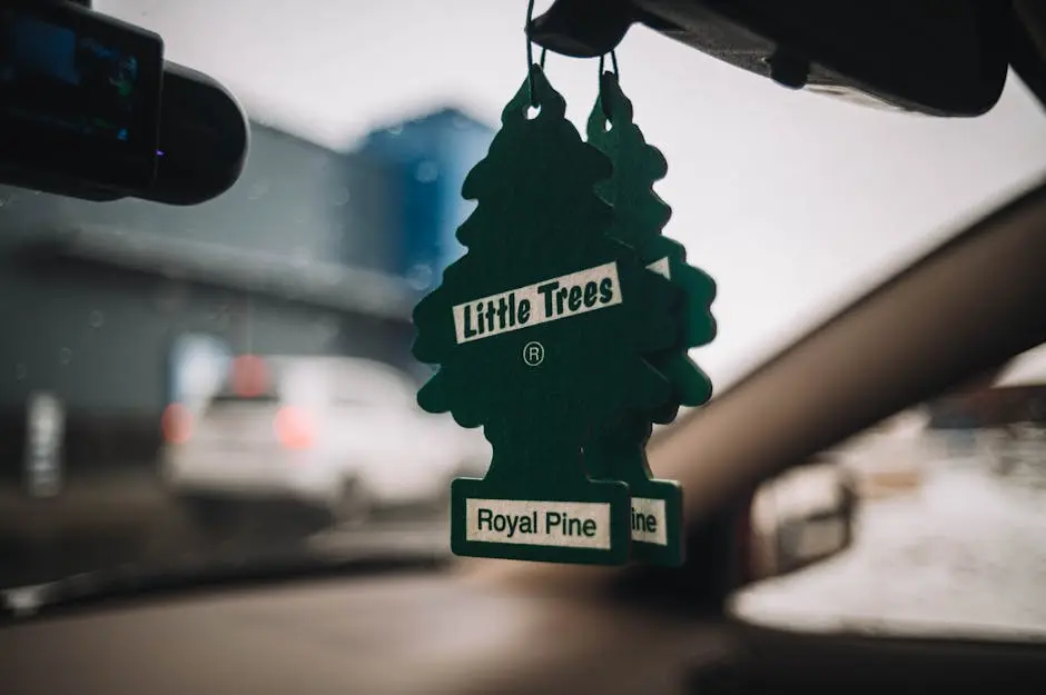 Green tree-shaped air freshener hanging from car mirror, depicting ‘Royal Pine’ scent.