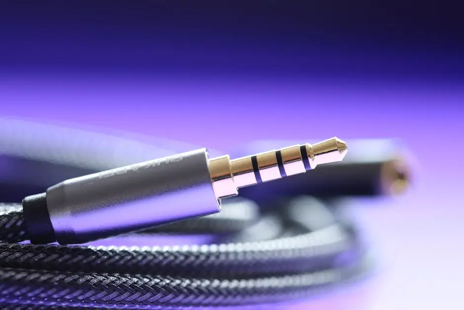 Detailed macro image of a 3.5mm audio jack cable with a braided wire.