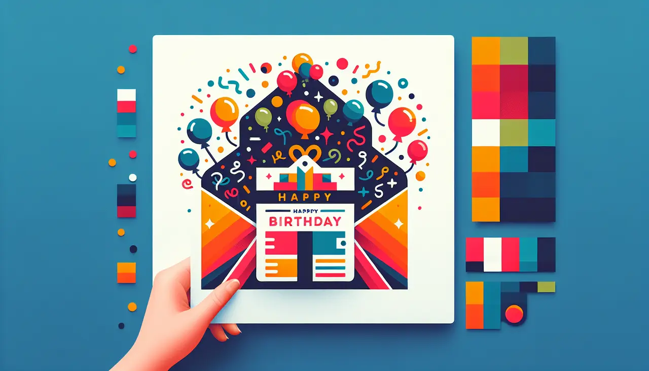 Draw a graphic in flat design style. Create a flat design image of a colorful, open envelope with a festive birthday invitation peeking out, surrounded by confetti and small balloons.