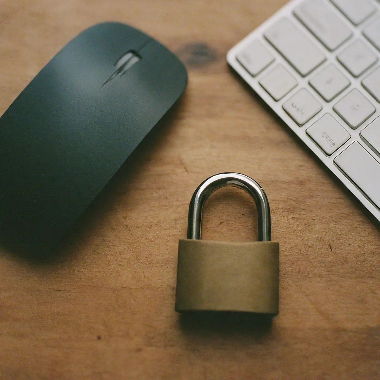 A padlock and computer keyboard on a wooden desk. 35mm stock photo