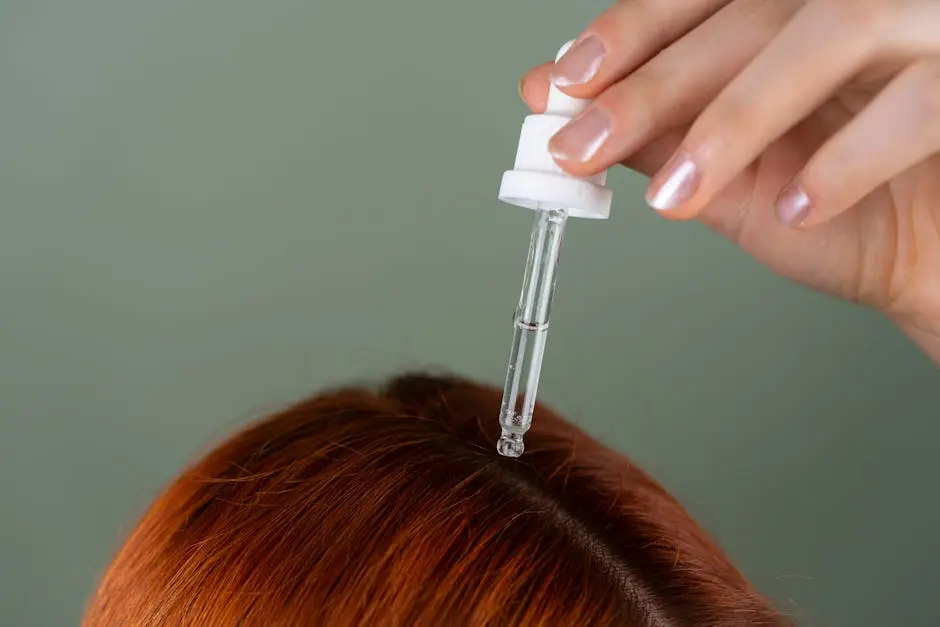 Close-up of applying serum to roots with a precision dropper on red hair, showcasing hair care routine.