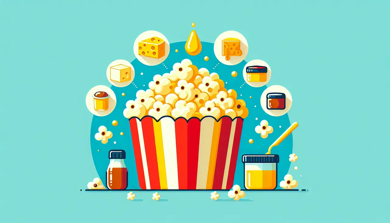 Draw a graphic in flat design style. A flat design illustration of a colorful popcorn bucket with various simple icons above it representing ingredients like butter, cheese, caramel, and spices, with a few popcorn kernels scattered around; keep the image uncluttered.