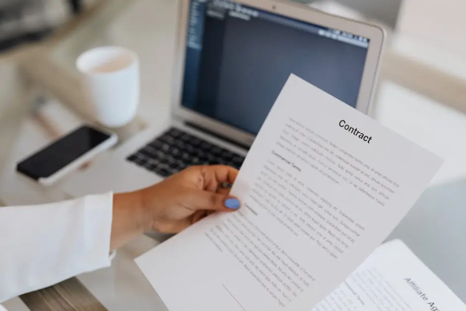 Close-up of a person holding a contract document next to a laptop during a work session.