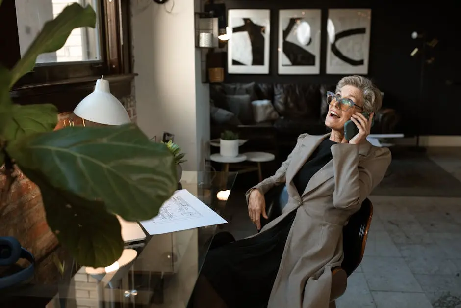 Senior woman in a modern office setting, smiling while on a phone call. Stylish and professional workspace.