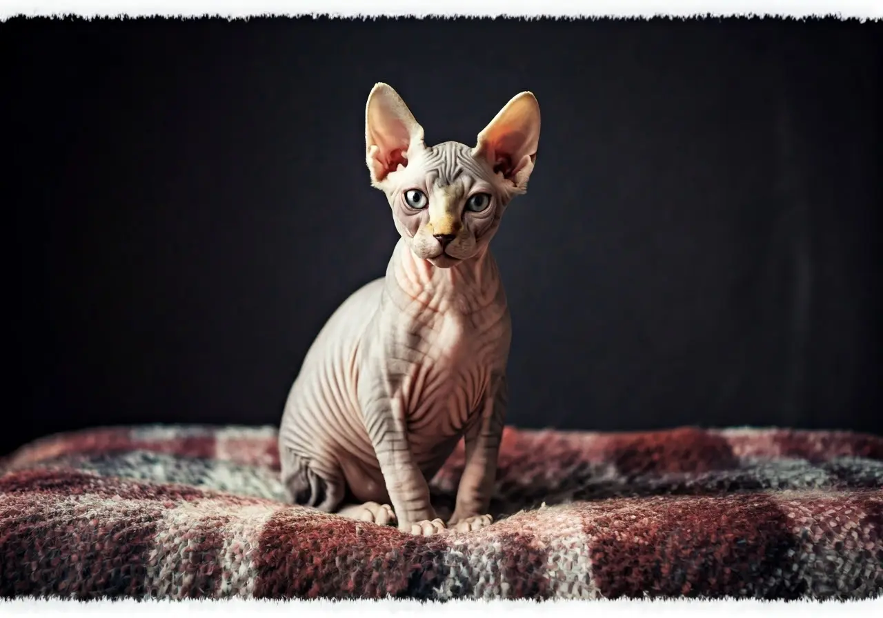 A hairless cat sitting gracefully on a cozy blanket. 35mm stock photo