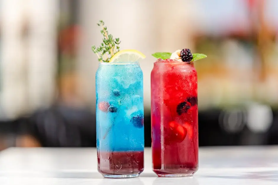 Vibrant mocktails with berries, mint, and lemon slices on a sunny day in Dubai.