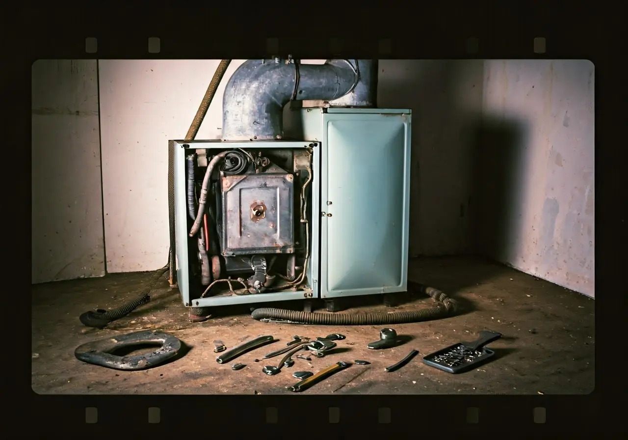 A broken furnace with tools scattered around for repair. 35mm stock photo