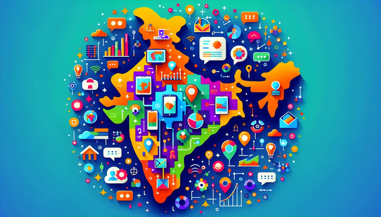 Draw a graphic in flat design style. A colorful digital map of India dotted with icons like smartphones, chat bubbles, and graphs, symbolizing evolving digital marketing trends.