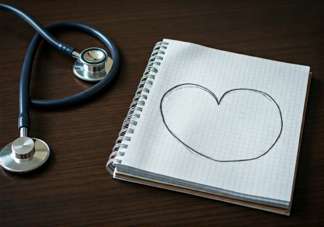 Image of a stethoscope and a notepad with a heart symbol. 35mm stock photo