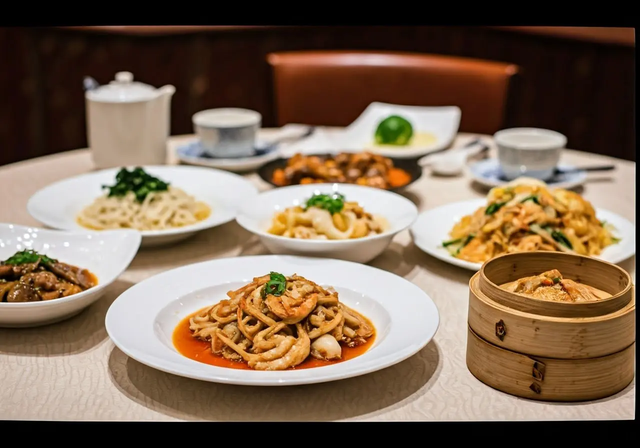 A spread of traditional Hong Kong dishes on a dining table. 35mm stock photo