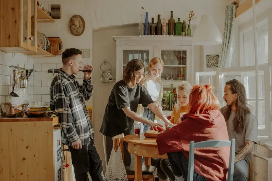 Friends enjoy a relaxed moment together in a sunny kitchen, reflecting a lifestyle of camaraderie and warmth.