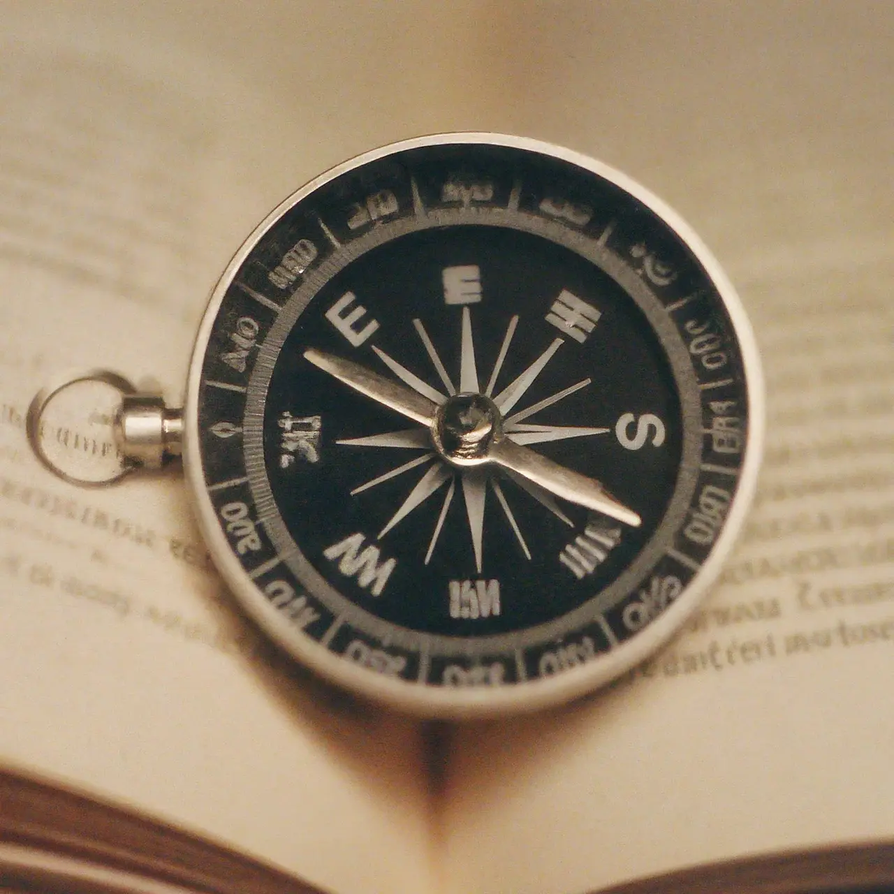 A compass on an open, full-page book. 35mm stock photo