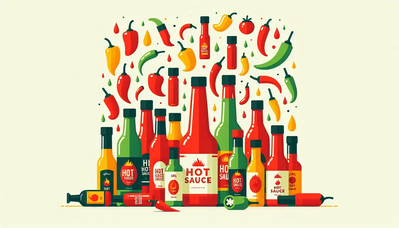 Draw a graphic in flat design style. A collection of colorful hot sauce bottles with simple labels and chili peppers around them.