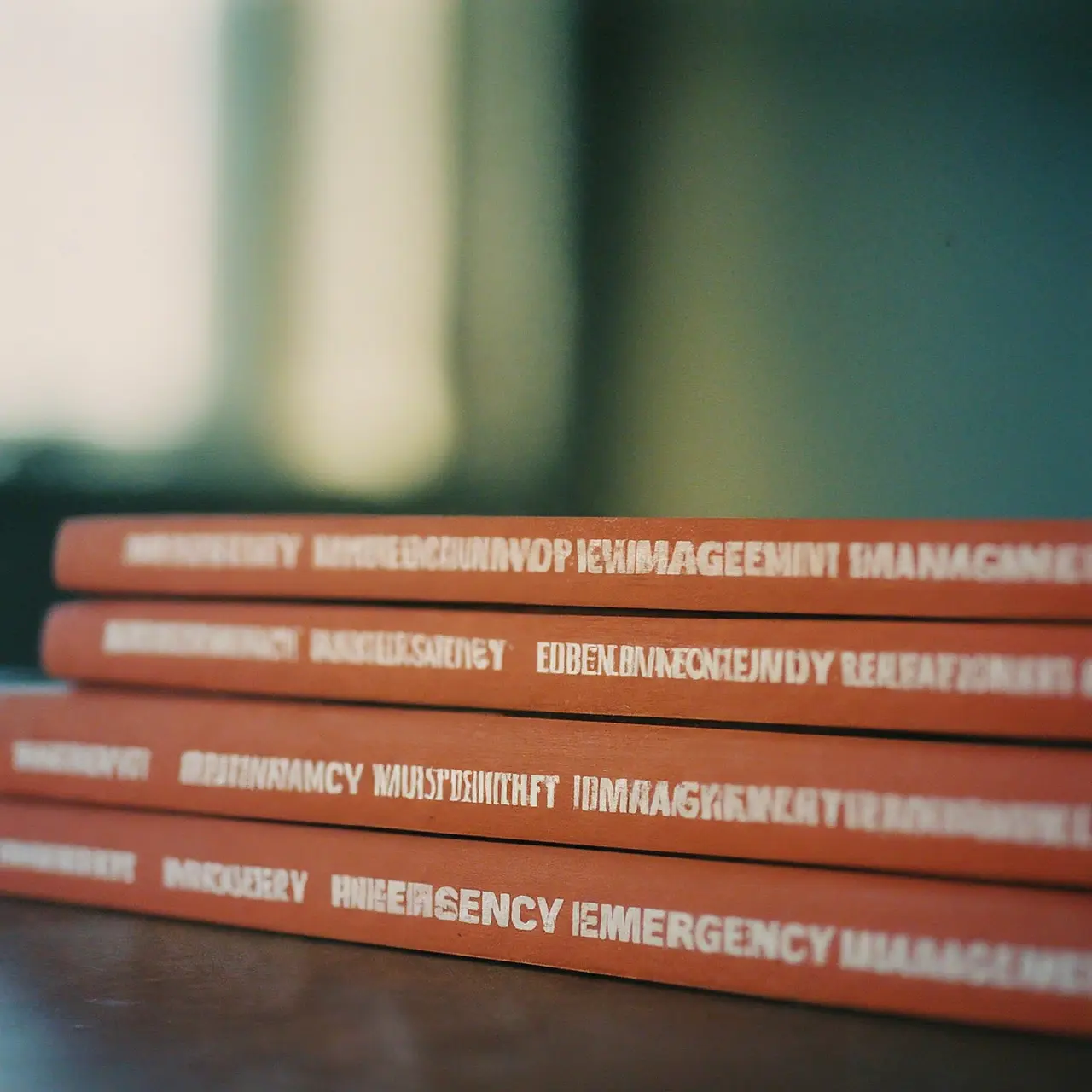 Stack of emergency management guidebooks on a desk. 35mm stock photo