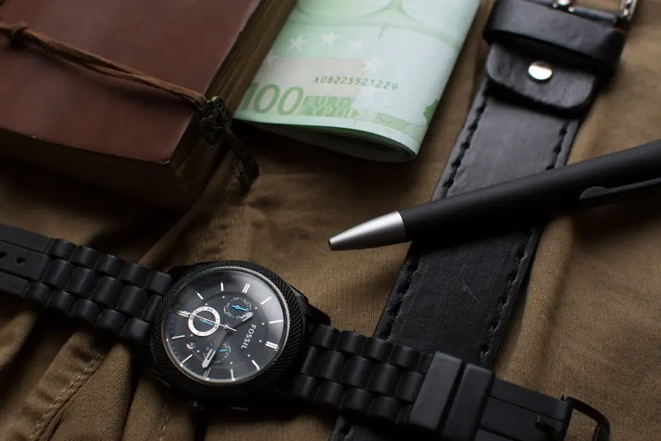 Flat lay featuring a watch, euros, leather belt, and a pen on a dark background.