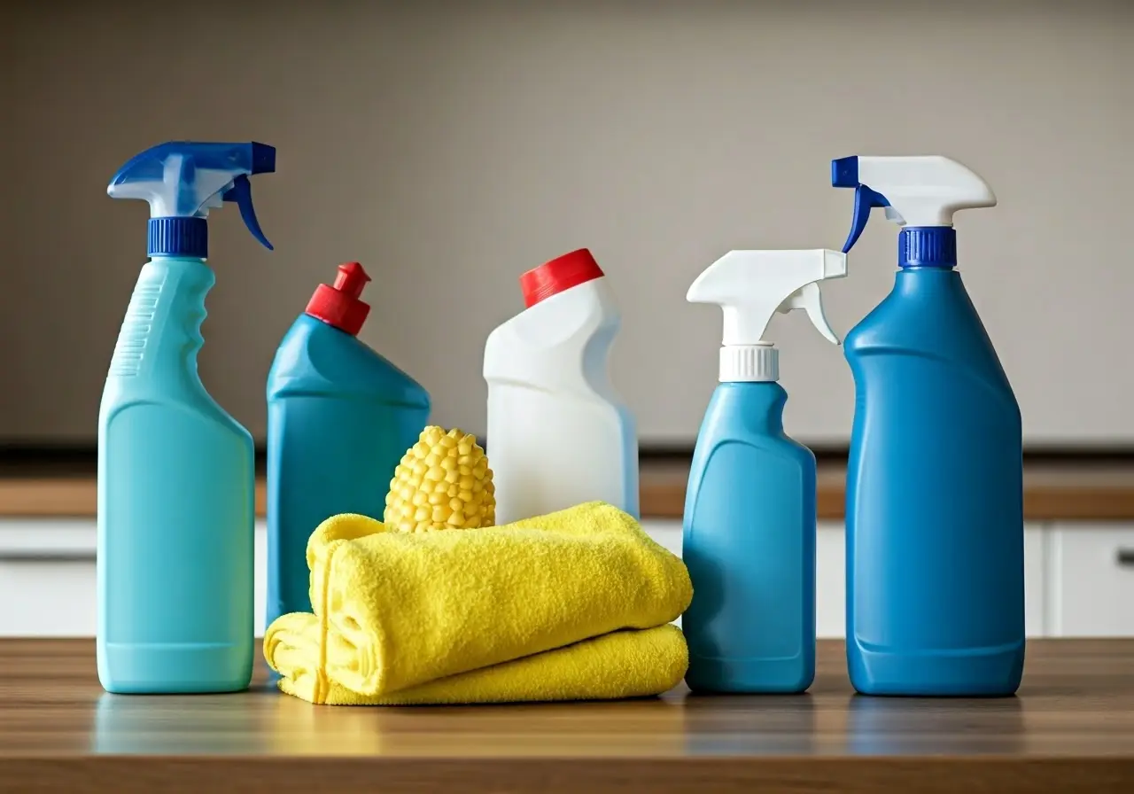 Cleaning supplies arranged neatly on a kitchen counter. 35mm stock photo