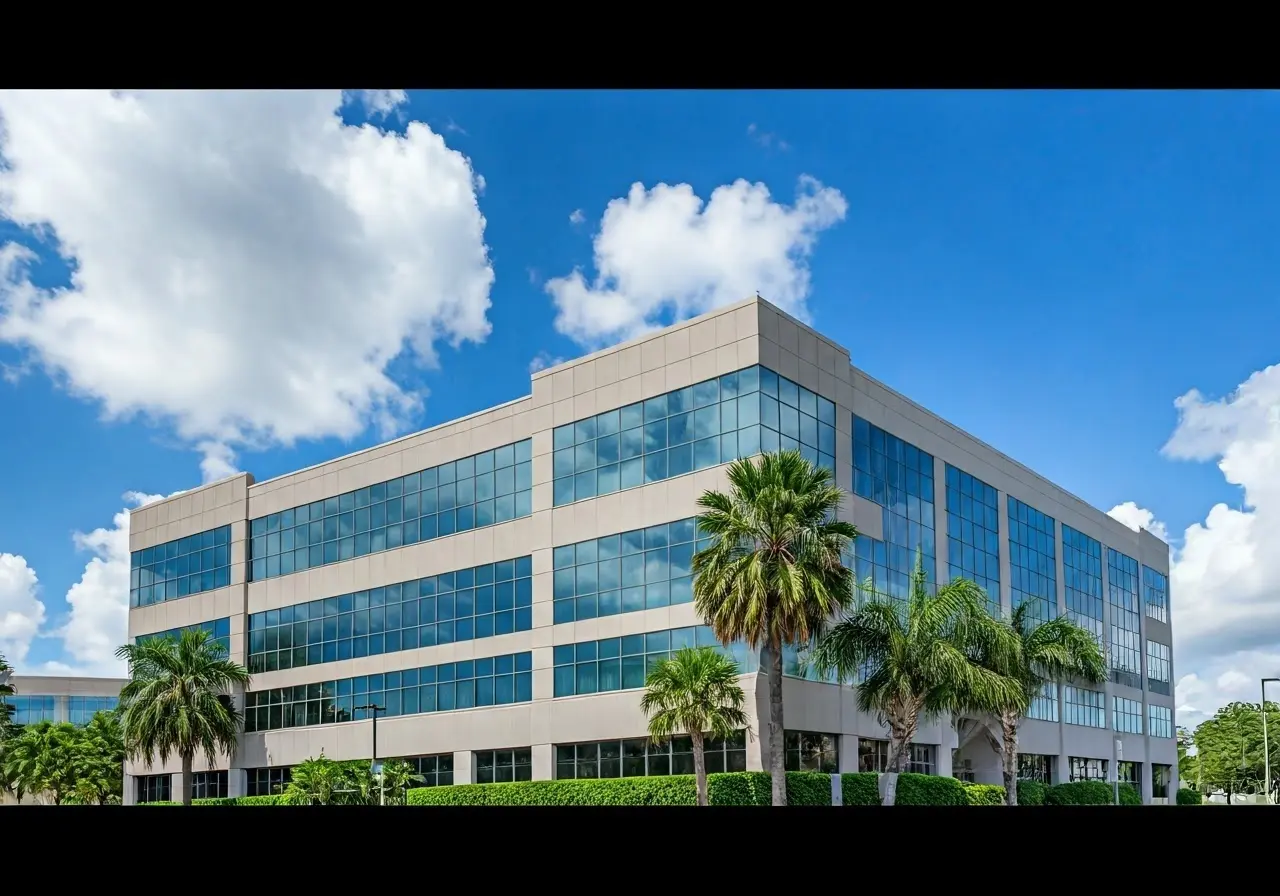 An office building in Port St. Lucie with a cloud in the sky. 35mm stock photo