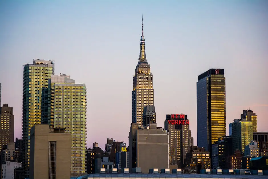 A stunning view of New York City skyline at dusk showcasing the Empire State Building.