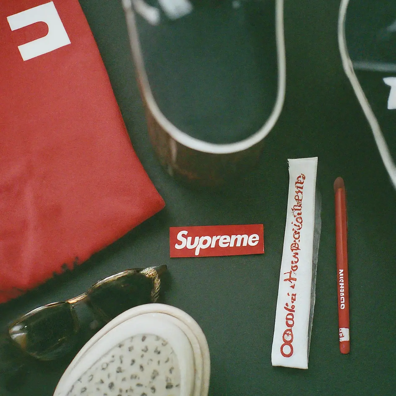 A variety of Supreme brand accessories laid out with sneakers. 35mm stock photo