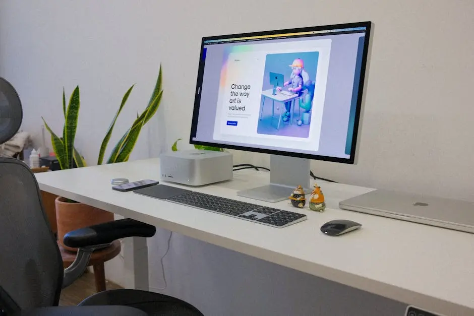 A sleek office setup featuring a desktop monitor, keyboard, and indoor plants, promoting a productive workspace.