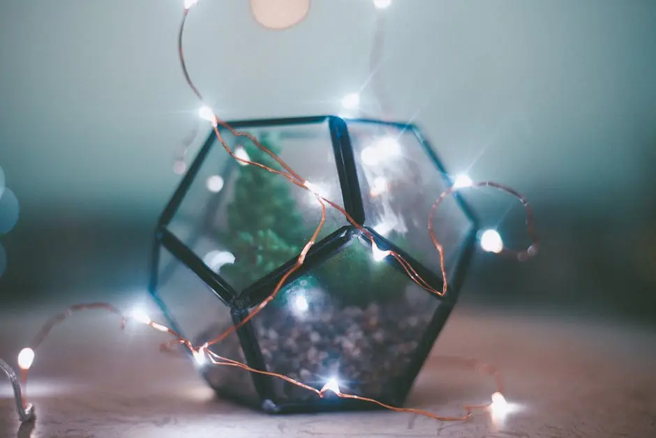 Decorative terrarium wrapped with string lights, creating a warm and ambient atmosphere.