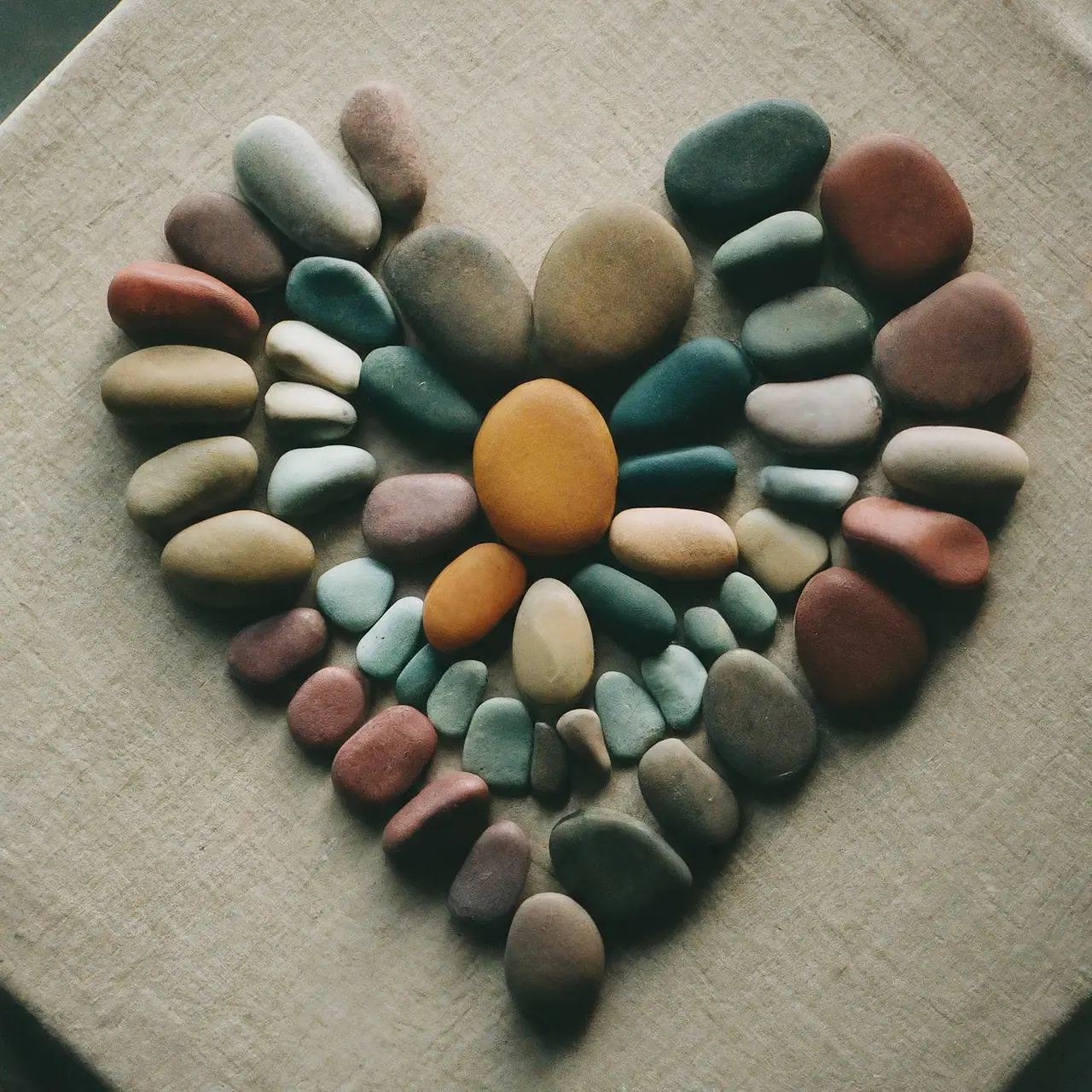 Colorful pebble art arranged in a heart shape on canvas. 35mm stock photo