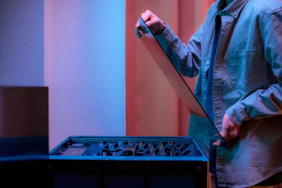 A man carefully fits a glass panel onto a gaming PC while adjusting internal cables.