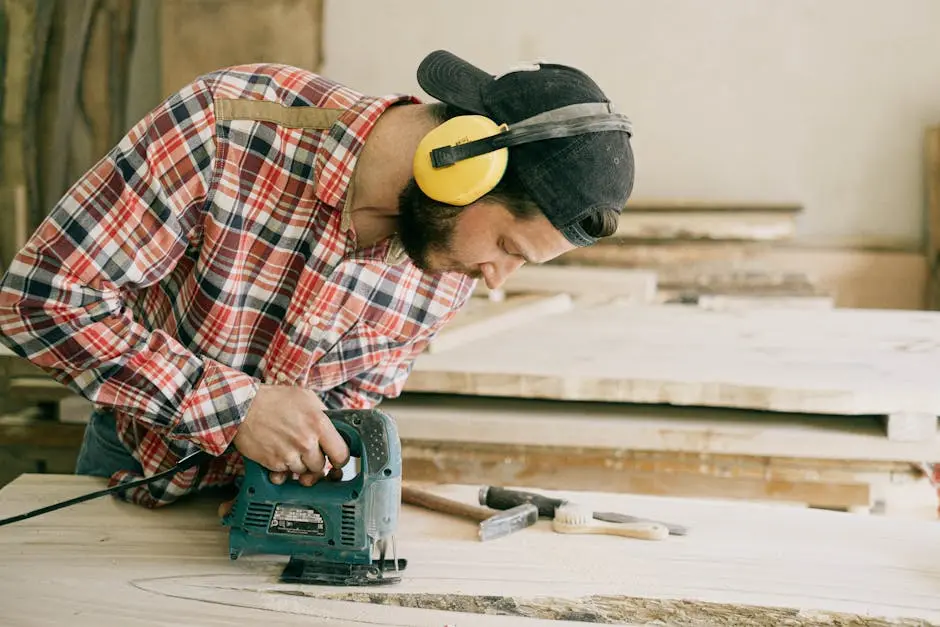 A skilled carpenter wearing protective gear works intently with a jig saw in his workshop.