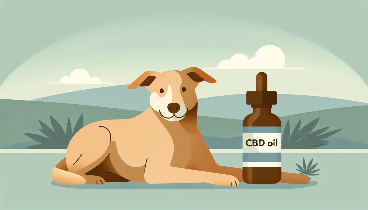 Draw a graphic in flat design style. A relaxed dog with a CBD oil bottle next to it, featuring a calm background with minimal details.