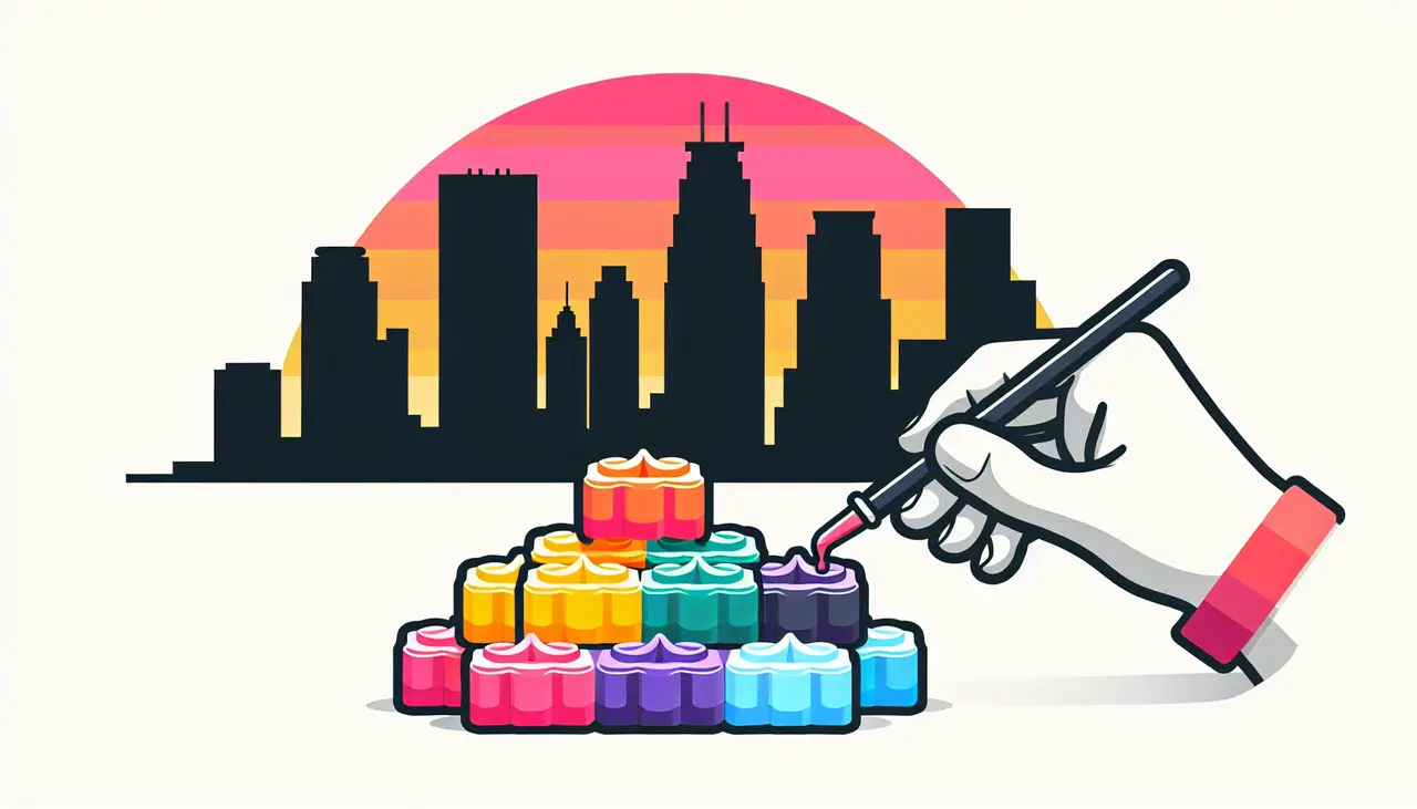 Draw a graphic in flat design style. A variety of colored wax melts arranged in a gradient, with a simplistic Minneapolis skyline silhouette in the background.