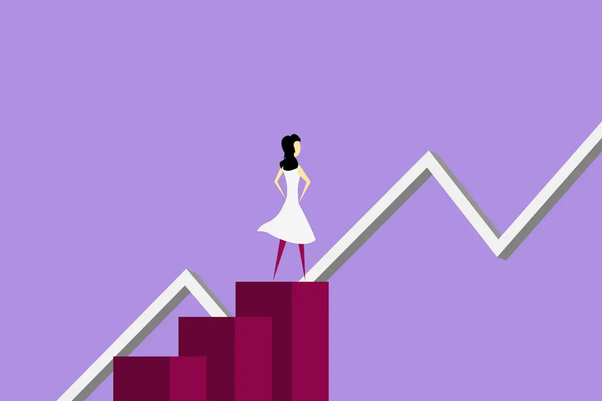 Minimalist illustration of a woman on a growth chart, symbolizing career progress and success.