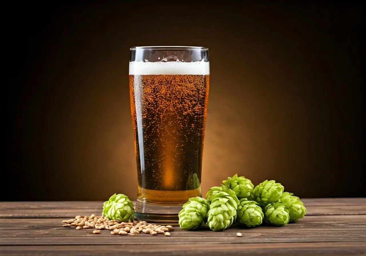 A glass of non-alcoholic beer with hops and grains. 35mm stock photo