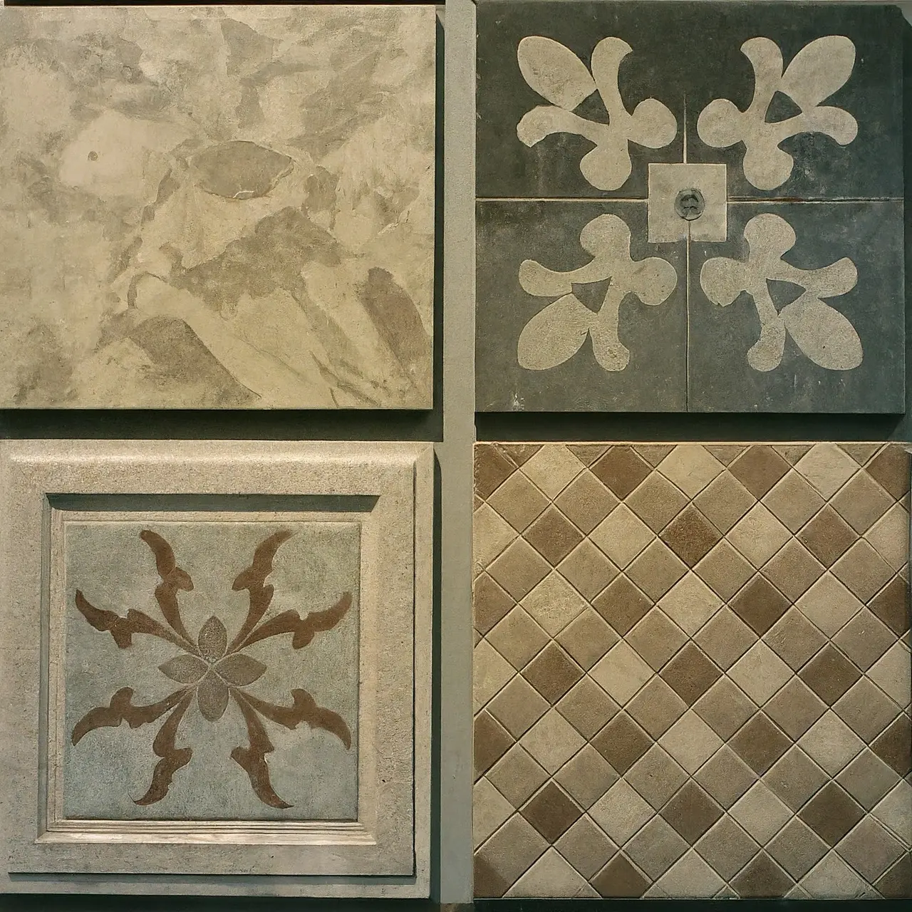 A variety of decorative floor tiles displayed in a showroom. 35mm stock photo