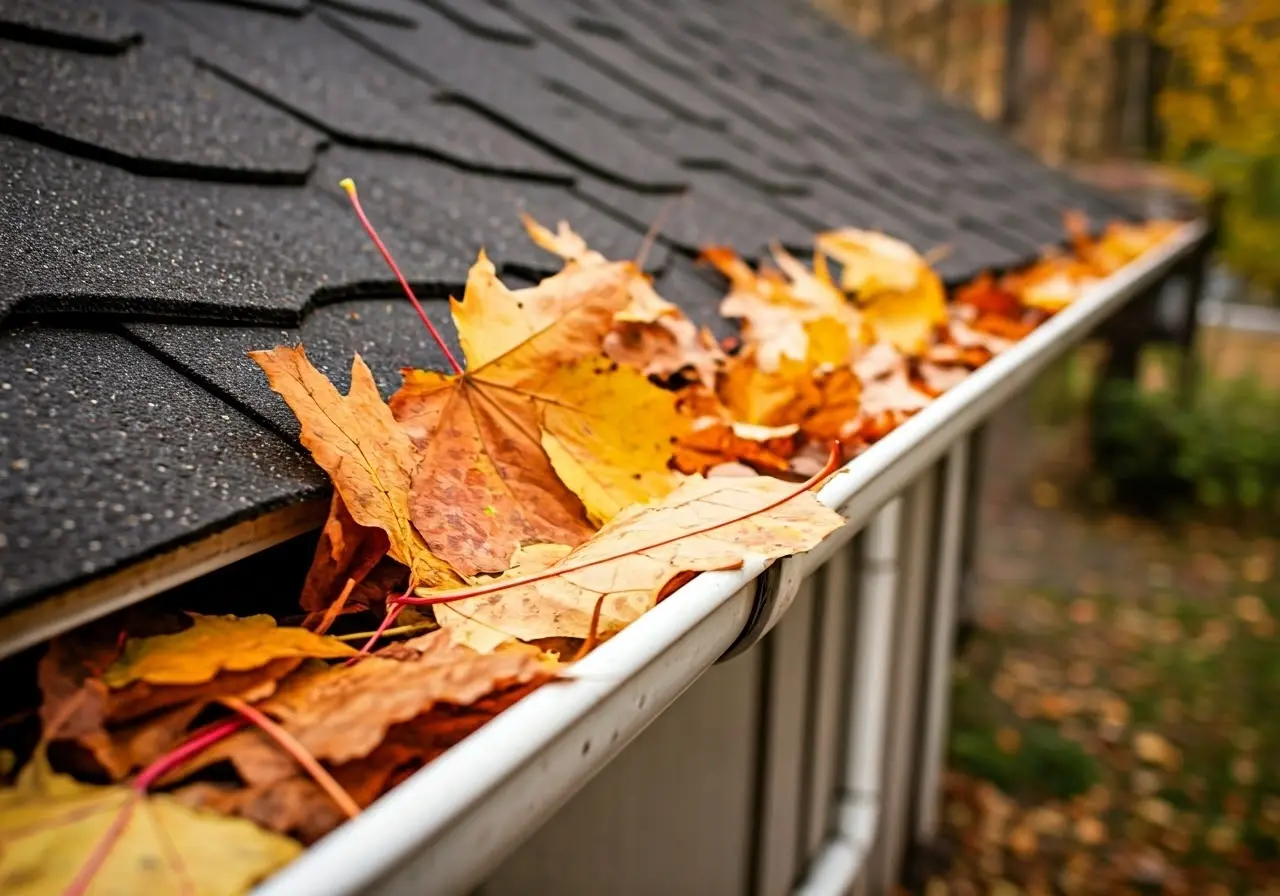 Colorful autumn leaves clogging a residential gutter system. 35mm stock photo