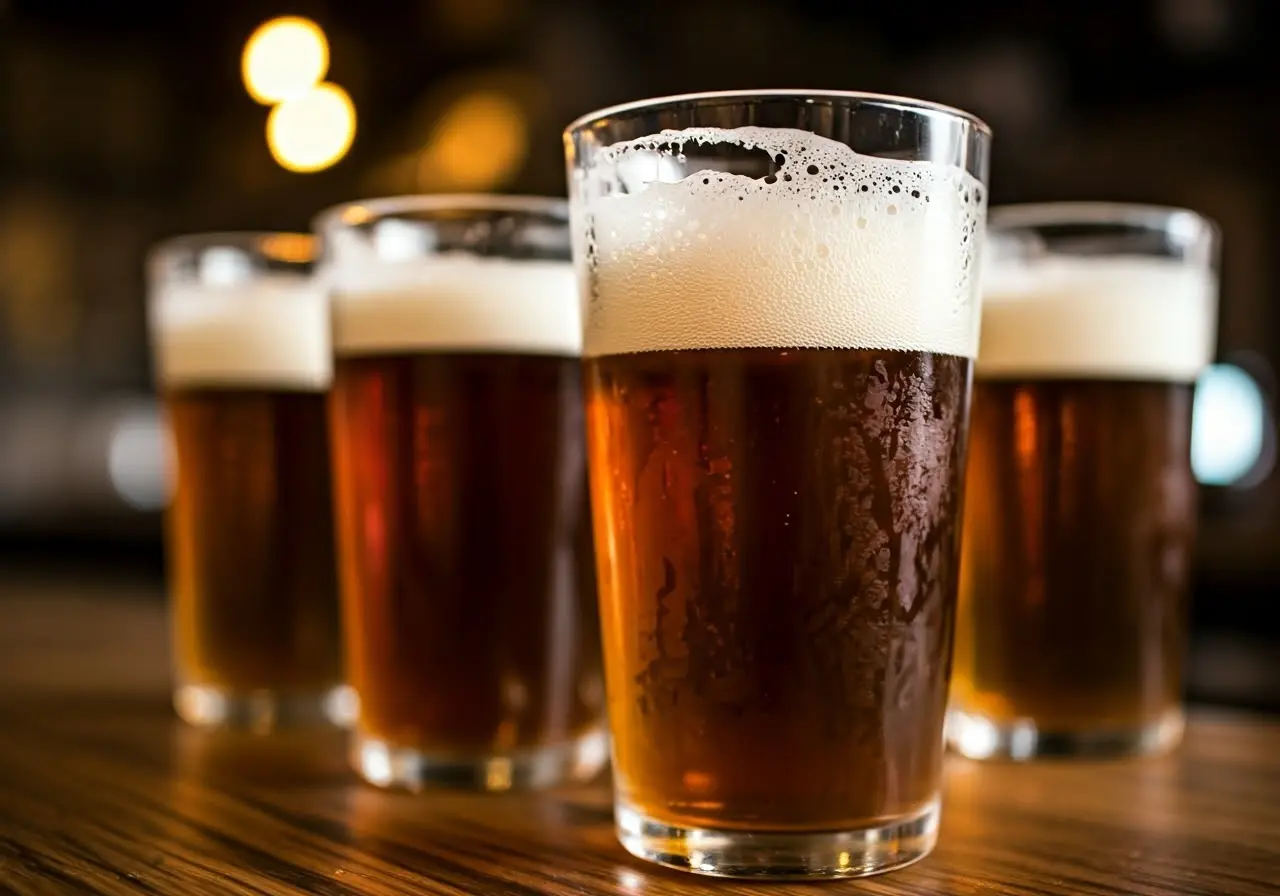 A close-up of frothy non-alcoholic craft beer in glasses. 35mm stock photo