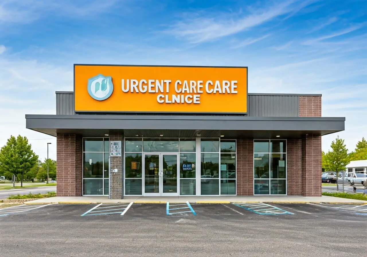 A modern urgent care clinic exterior with clear signage. 35mm stock photo