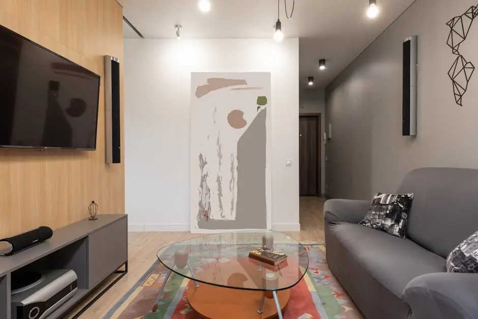 Modern apartment interior with sofa with pillows near glass table on carpet near cabinet and TV with speakers on wall near lamp on ceiling and painting