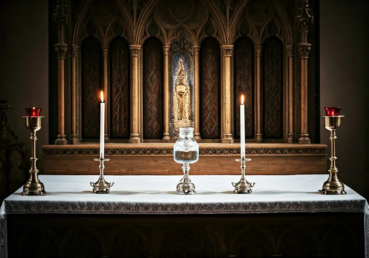 A serene altar with holy water containers and candles. 35mm stock photo