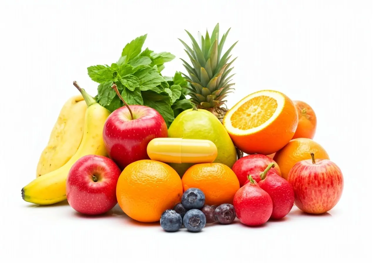 A capsule surrounded by colorful fruits and vegetables on white. 35mm stock photo