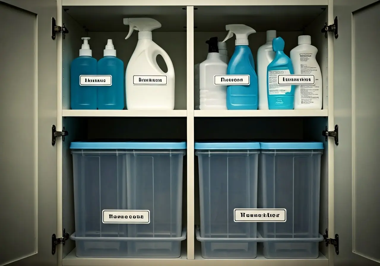 A neatly organized cleaning supplies cabinet with labeled containers. 35mm stock photo