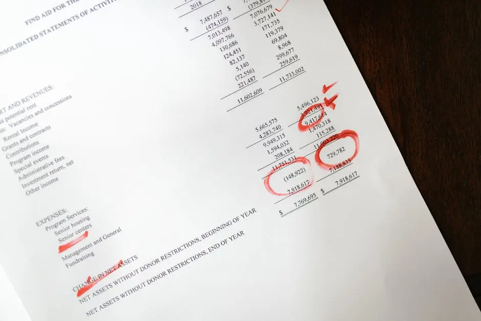 Financial statement with red annotations on a wooden table.