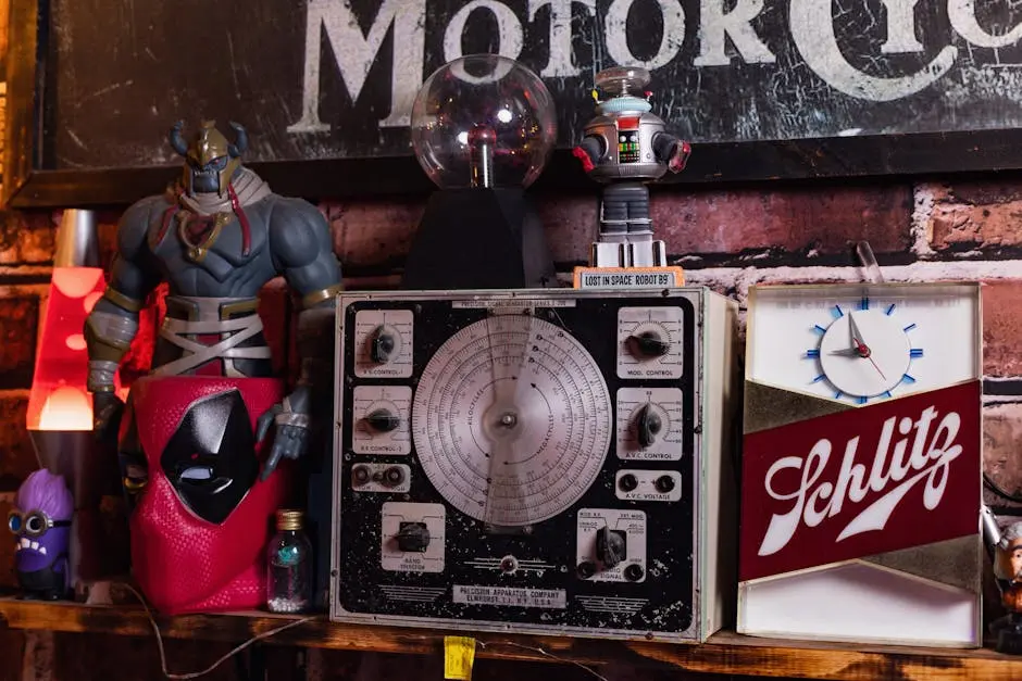 An eclectic display of vintage and retro toys and memorabilia on a shelf with a nostalgic vibe.