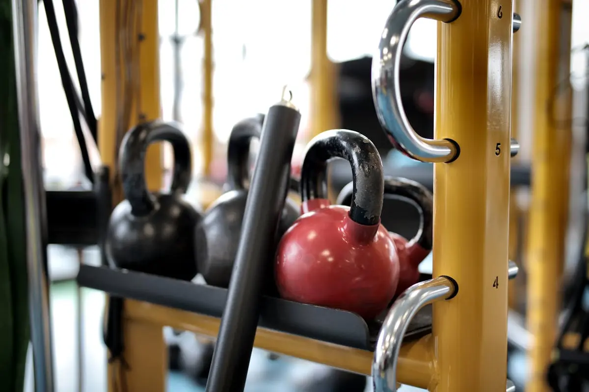 Set of different kettlebells placed in row on metal platform on modern fitness equipment in sport center